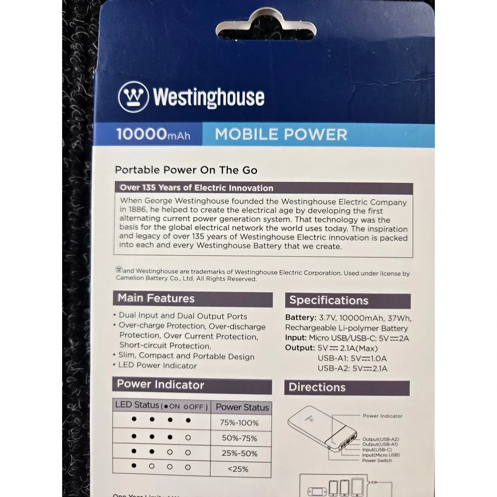 Westinghouse 10000mAh‎ Mobile Power Bank Dual USB Portable Charger WP726-100CBH